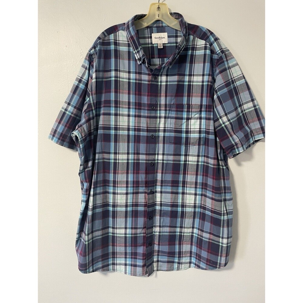 Goodfellow & Company Short Sleeve Madras Plaid Button-Up Shirt 2XB Tall Blue Red